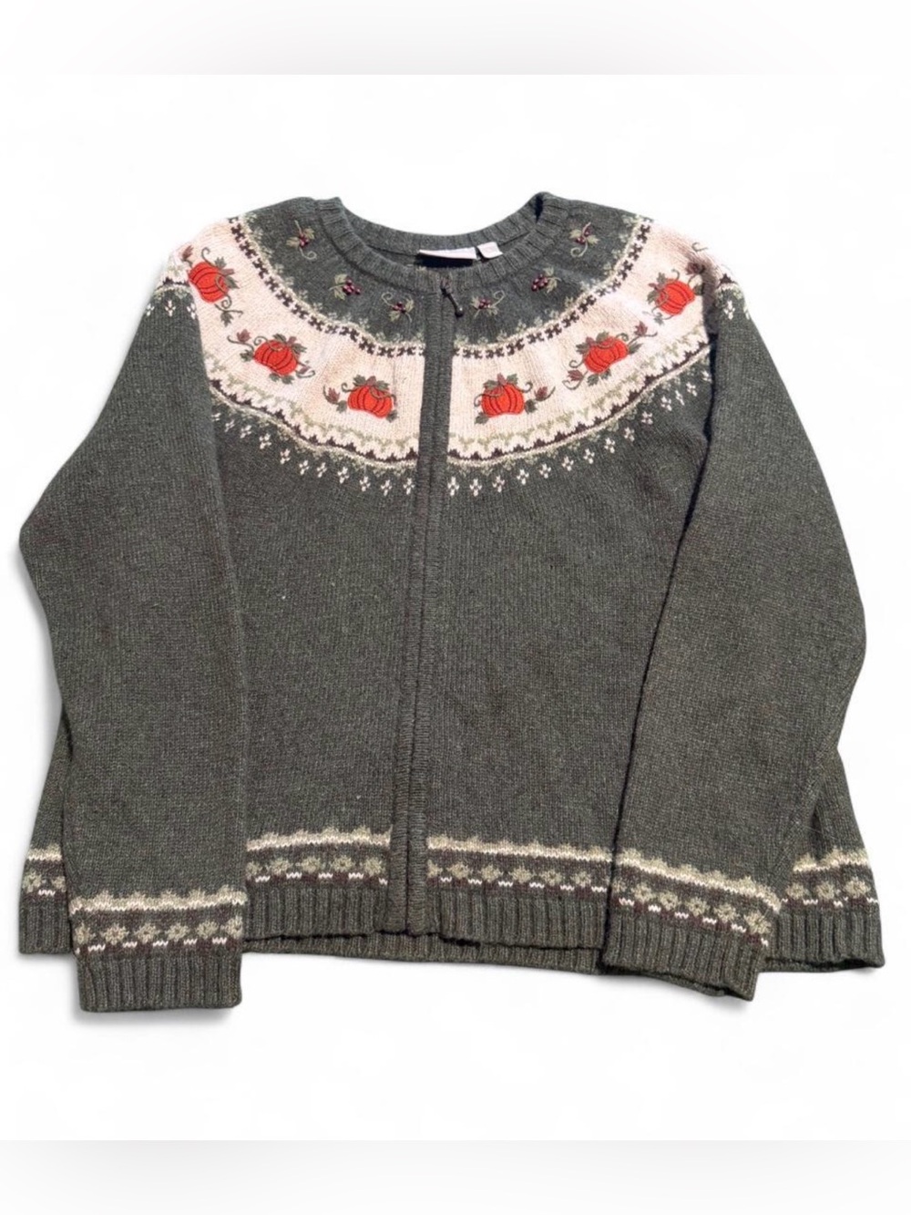 Rare Vintage fall Green & cream knit sweater with orange pumpkin and leaf motifs